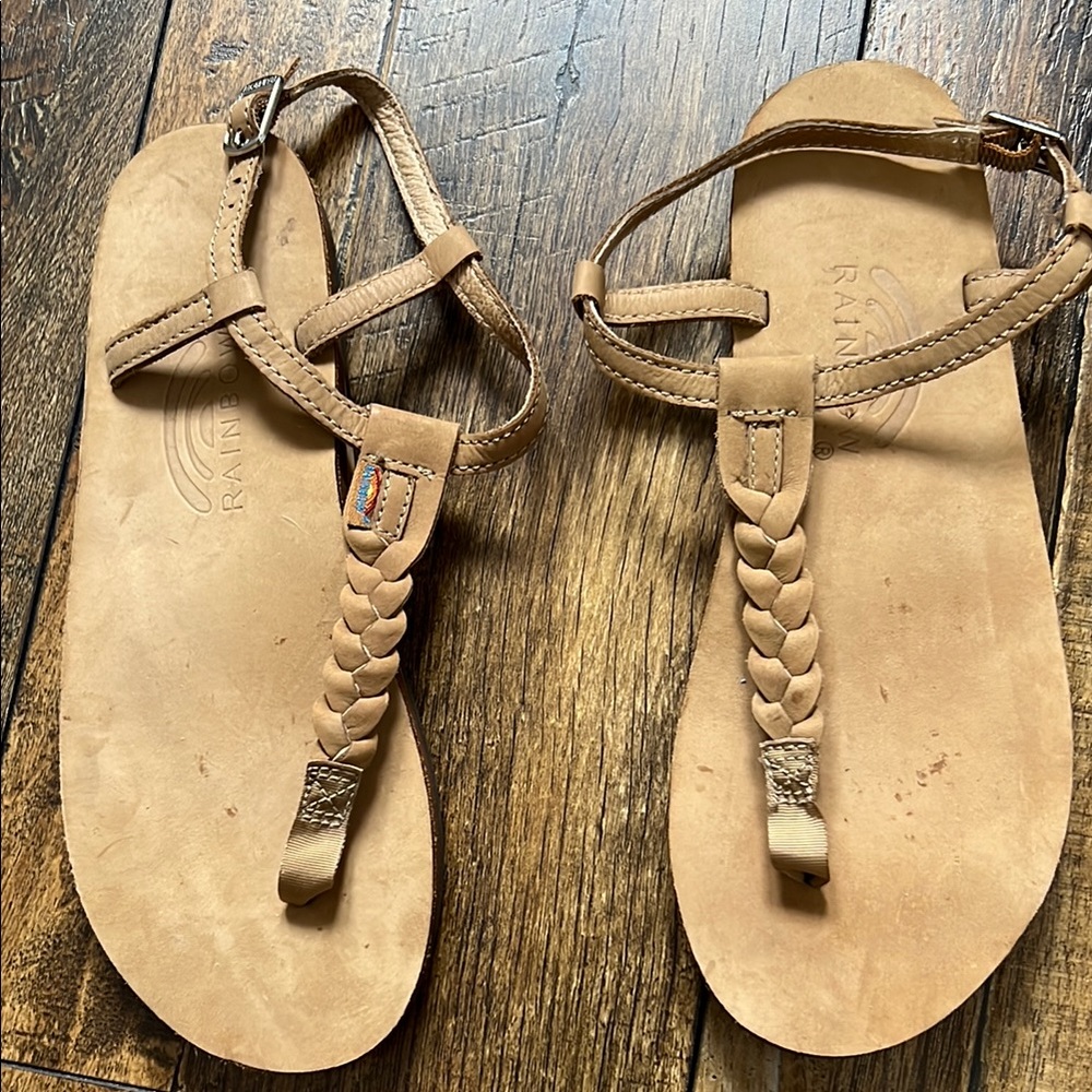 Rainbow Tan T-Strap Sandals with Braided Design